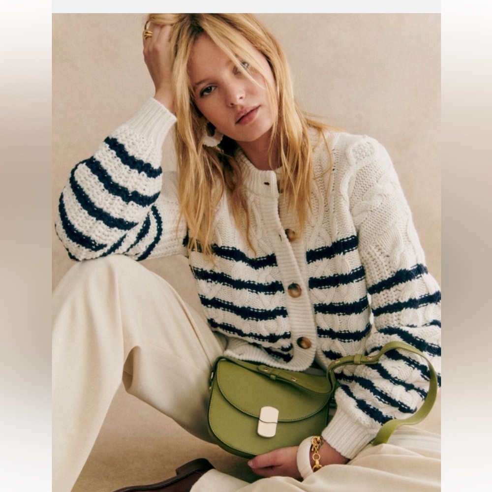 Sezane Sean Cardigan Ecru / Navy - Size XL